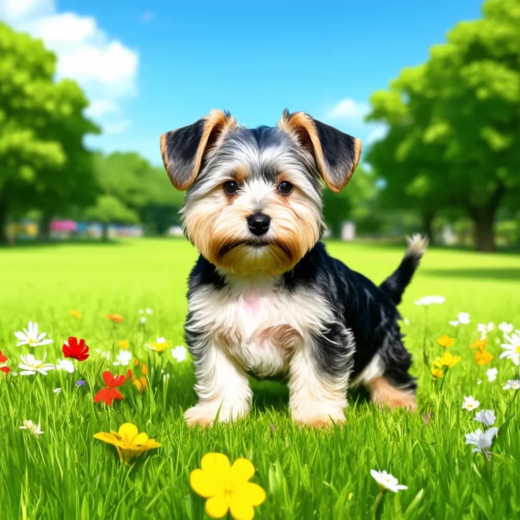 A small Biewer Terrier stands on lush green grass, surrounded by colorful flowers, with trees and a blue sky in the background.