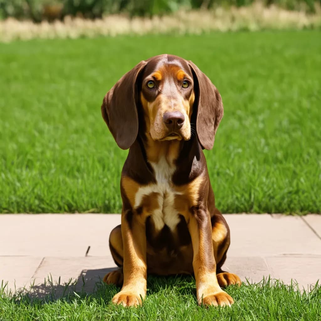 A brown and tan Bracco Italiano puppy with long ears sits attentively on a paved path, with grass in the background.