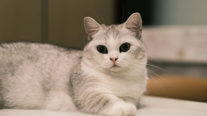 A grey and white Munchkin cat with green eyes lies down, looking directly at the camera.