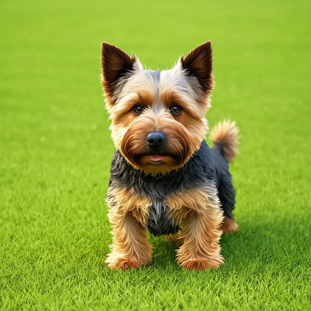 A small Yorkshire Terrier stands on green grass, facing forward with a slightly open mouth, reminiscent of a lively Cairn Terrier.