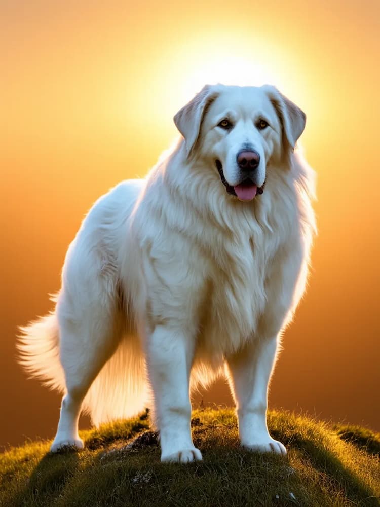 A large, fluffy Great Pyrenees stands on a grassy hill with the sun setting in the background, creating a halo effect around its head.