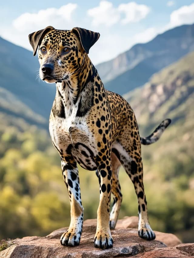 A Catahoula Leopard dog with a leopard-like coat pattern stands majestically on a rock, with a mountainous landscape in the background.