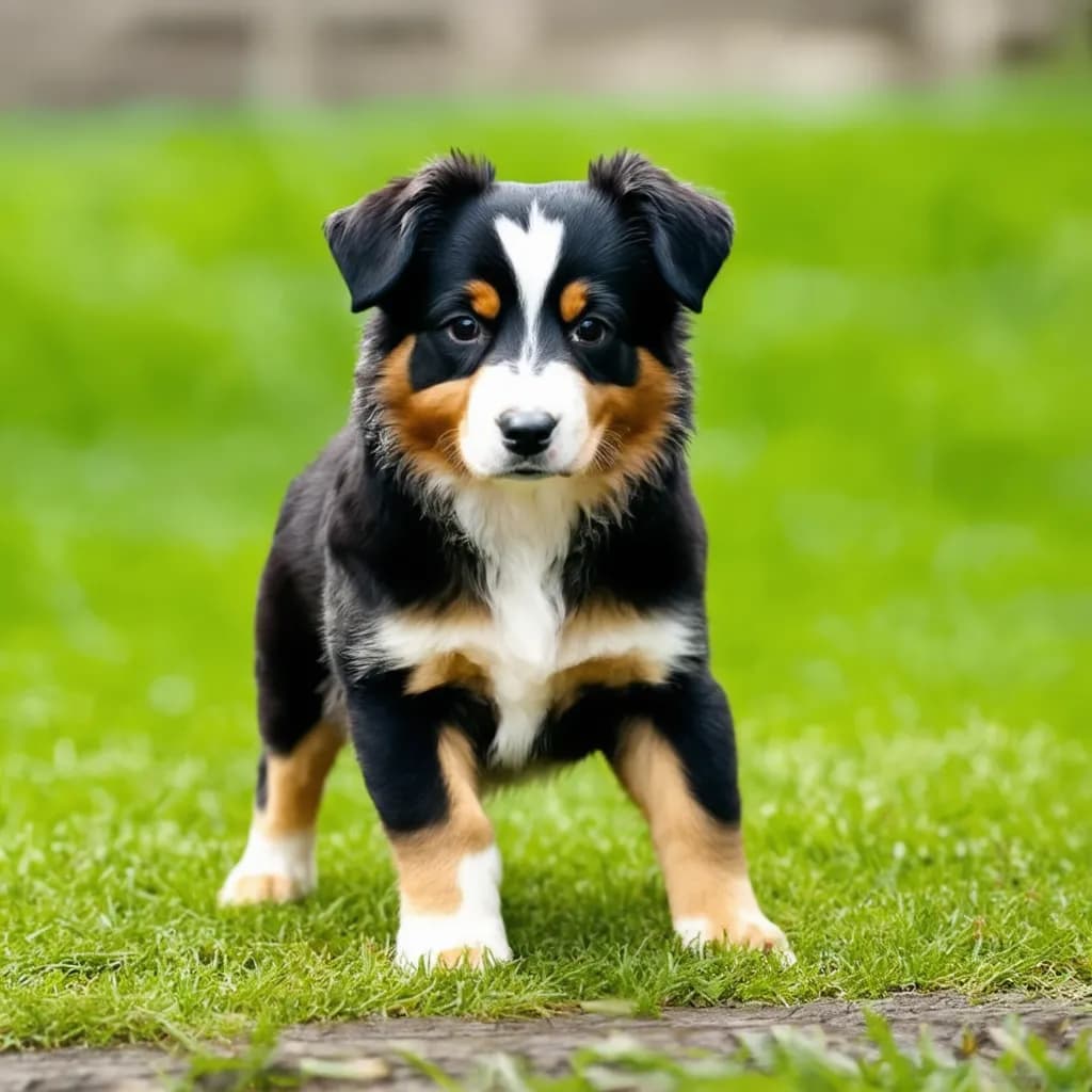 A small black, white, and brown Miniature American Shepherd puppy stands on green grass, looking directly at the camera.