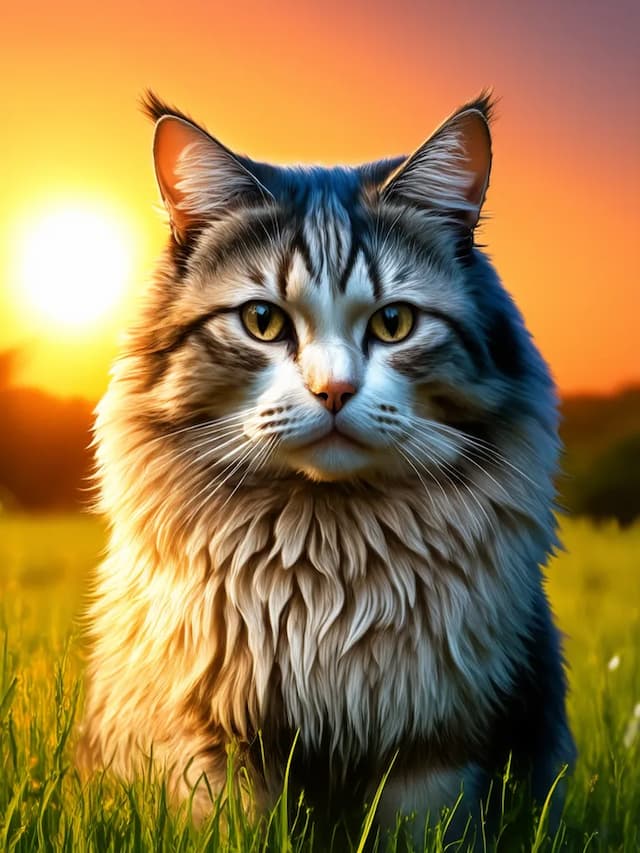 A fluffy Highlander cat sits in a grassy field with the sun setting in the background.