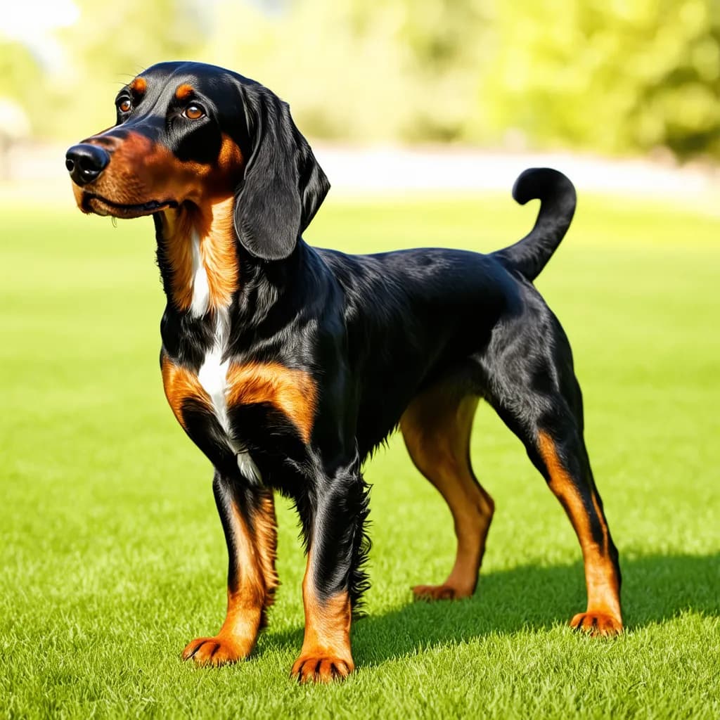 A black and brown Gordon Setter with a shiny coat stands on a green lawn, looking into the distance. The dog's ears are down, and a thin tail curls slightly upwards.