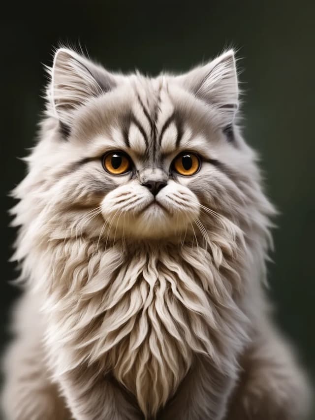 A fluffy gray Selkirk Rex with a thick mane and bright amber eyes stares directly at the camera, with a dark blurred background.