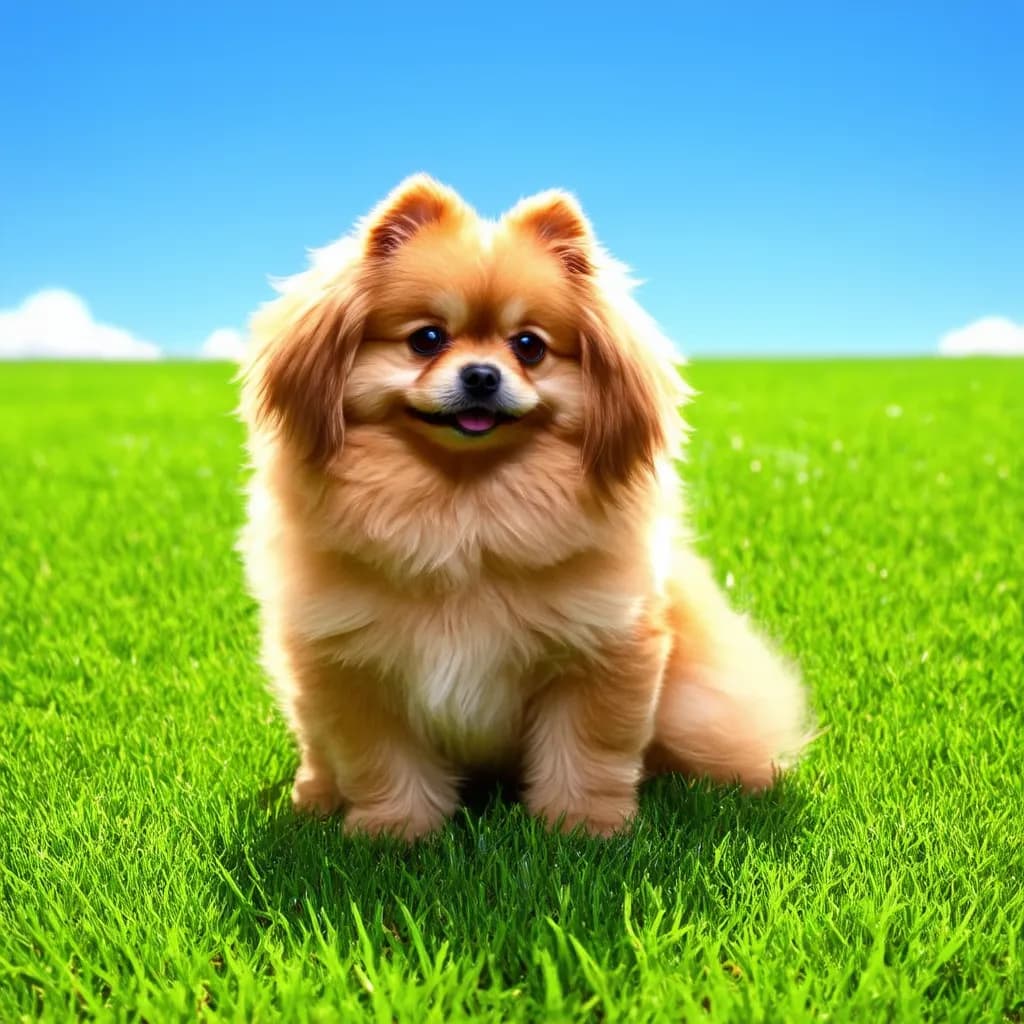 A fluffy Pomapoo sits on vibrant green grass under a clear blue sky.