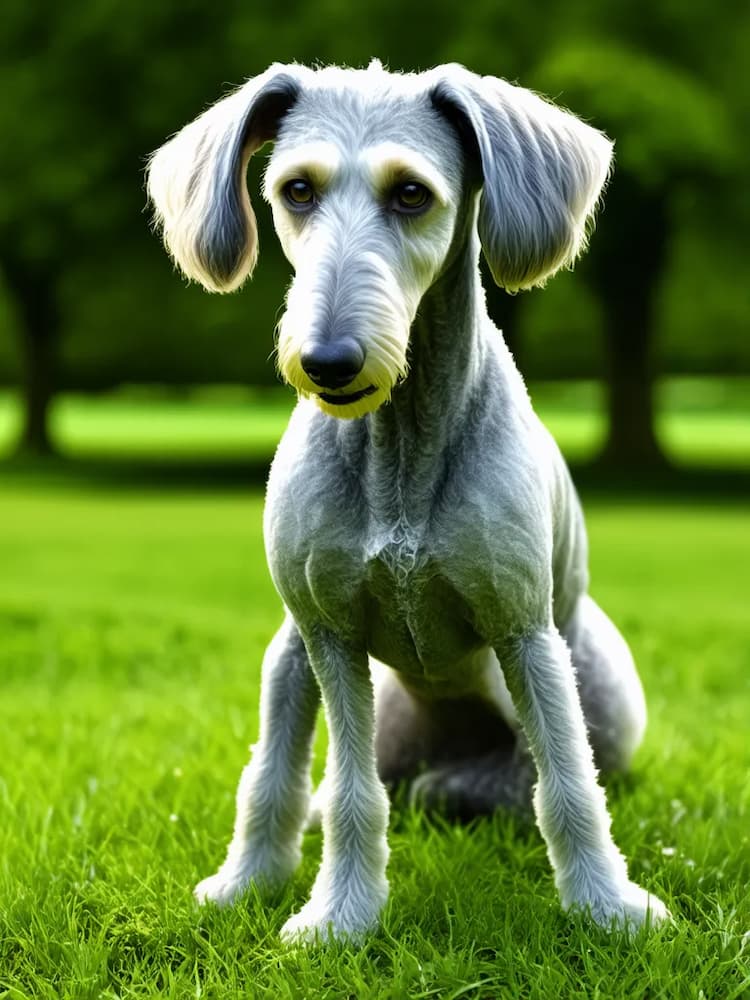 A gray Bedlington Terrier with long ears and a trimmed coat sits on green grass in a park with trees in the background.