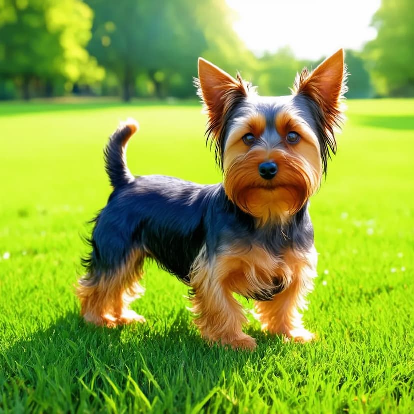 A small Silky Terrier with long, silky fur stands on a grassy field, with sunlight filtering through trees in the background.