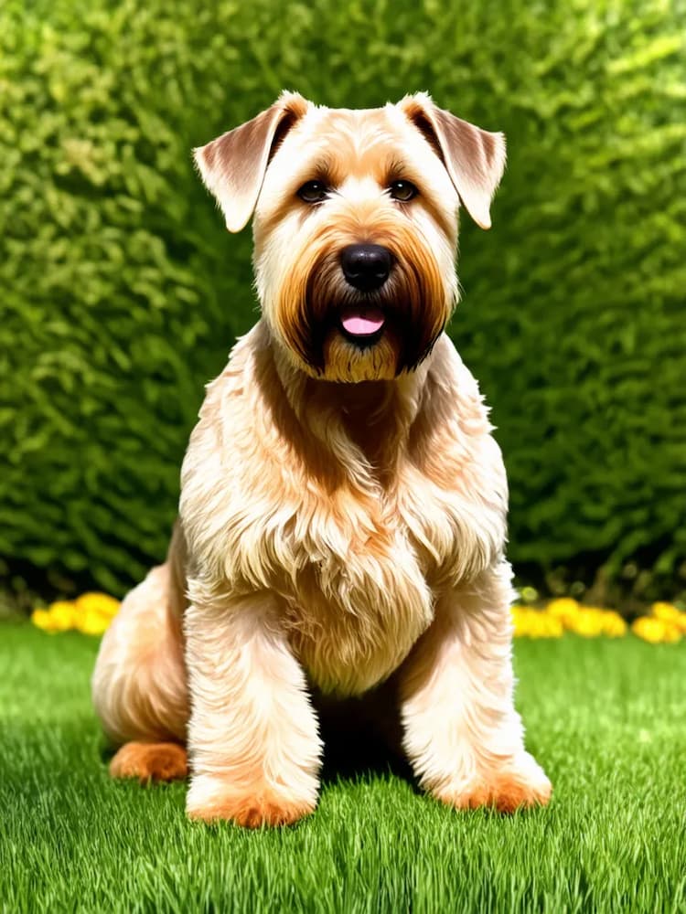 A fluffy Soft Coated Wheaten Terrier with a black nose is sitting on a green lawn in front of a well-trimmed hedge.