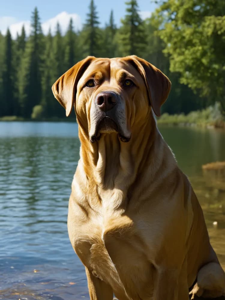 A large brown Spanish Mastiff with a serious expression sits by a peaceful lake, surrounded by a forest of tall green trees on a sunny day.