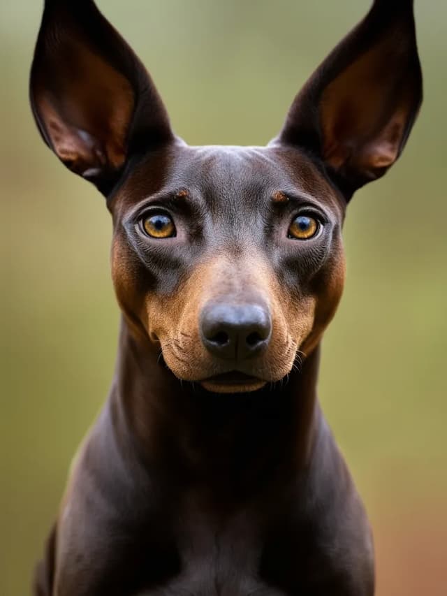 Close-up of a brown Xoloitzcuintli with large, upright ears and yellow eyes, facing the camera with a neutral expression. The background is blurred.