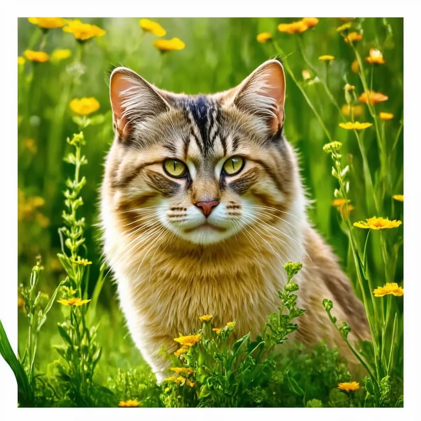 A striped cat with green eyes sits among yellow flowers and green grass, looking directly at the camera, as if ready to embody the charm of Cyprus.