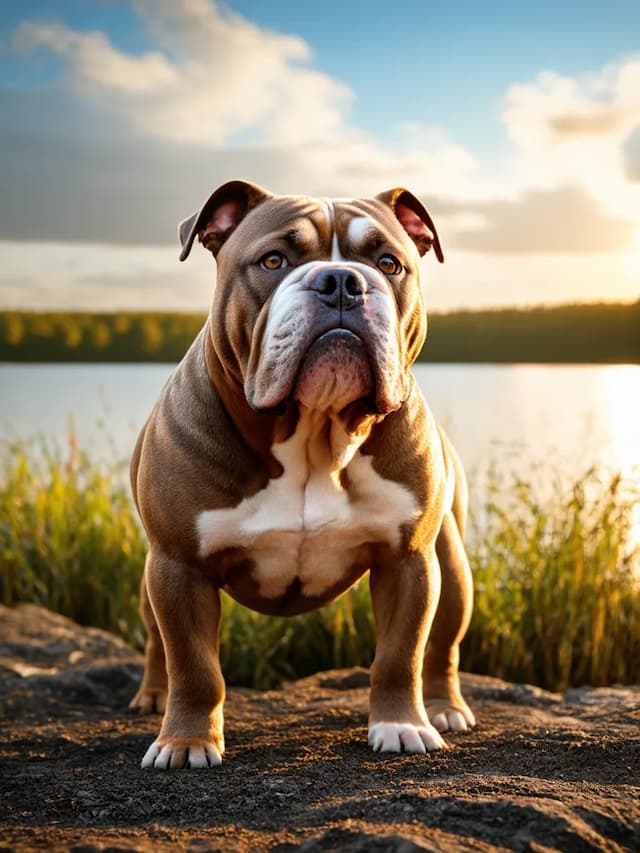 A muscular American Bully with a brown and white coat stands on a rocky surface by a lake during sunset.