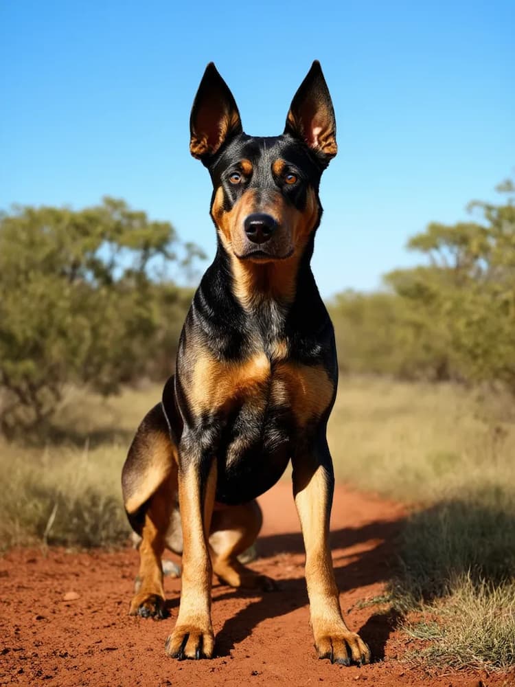 A black and tan Australian Stumpy Tail Cattle dog with large ears sits attentively on a dirt path in a grassy area under a clear, blue sky.