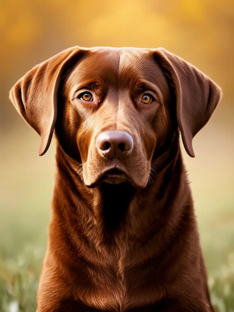 Chesapeake Bay Retriever with a focused expression sitting on a grassy area against a blurred background with warm yellow tones.