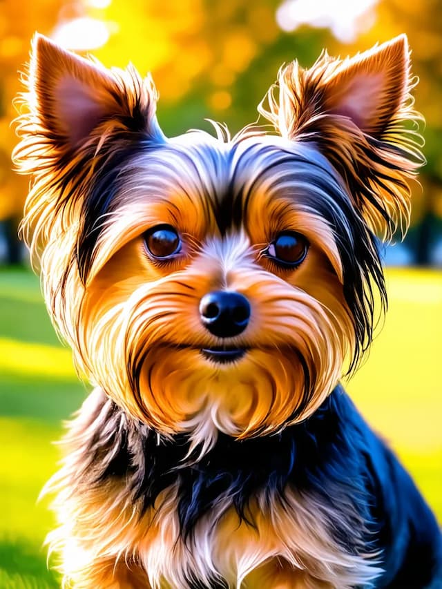 Close-up of a Chorkie with pointy ears and long fur, sitting on the grass with trees in the background. The image is brightly lit, highlighting the dog's detailed facial features.