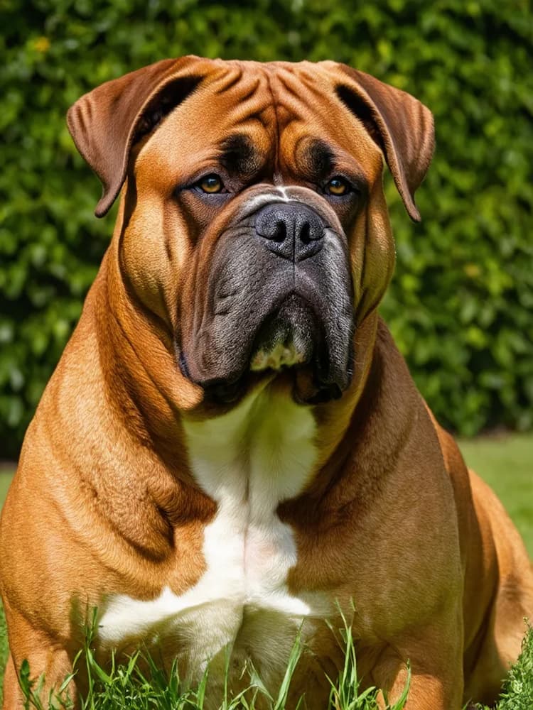 A brown and white Boerboel sits attentively on the grass with a green hedge in the background.