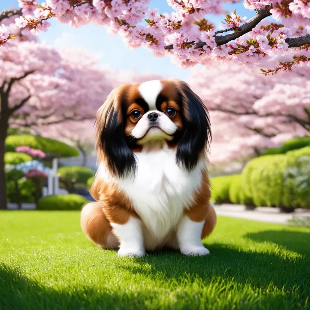 A small brown and white Japanese Chin with long fur sits on green grass under a blossoming cherry tree. Green bushes and more cherry blossoms in the background.