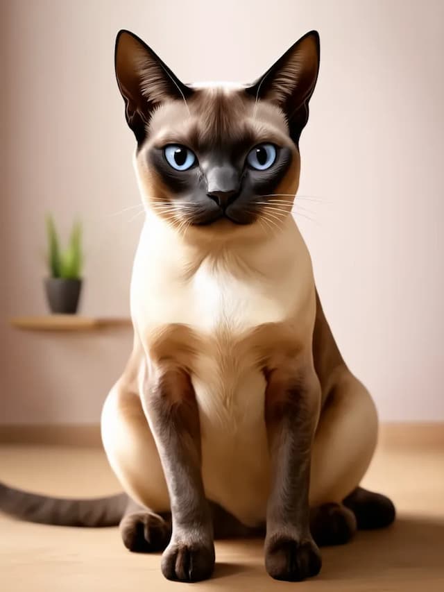 A Tonkinese cat with piercing blue eyes sits on a wooden floor. A small potted plant is visible on a wall-mounted shelf in the background.