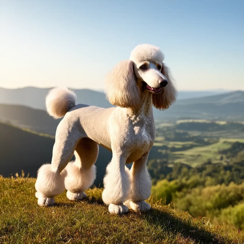 A well-groomed Standard Poodle stands on a grassy hill with a scenic background of mountains and valleys under a clear sky.