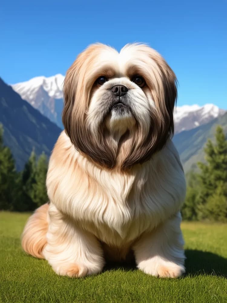 A fluffy Lhasa Apso with long, silky fur sits on a grassy field with a mountainous landscape in the background under a clear blue sky.