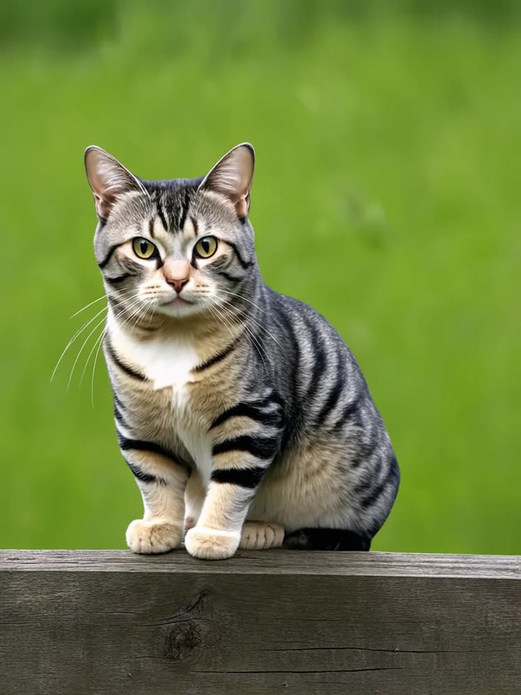 An American Shorthair tabby cat with black and gray stripes sits on a wooden fence with a green blurred background.