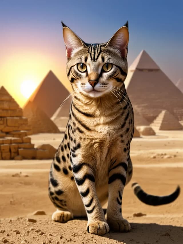 An Egyptian Mau sits gracefully in front of the pyramids at sunset, casting a serene figure against the desert's golden hues.