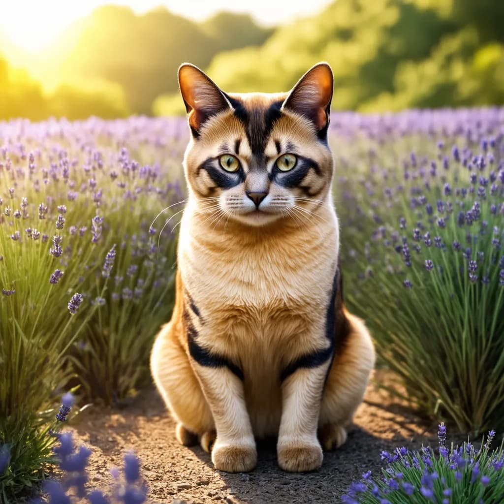 A short-haired Burmese cat with striking black markings sits in a field of blooming lavender under a clear sky, with sunlight illuminating the scene.