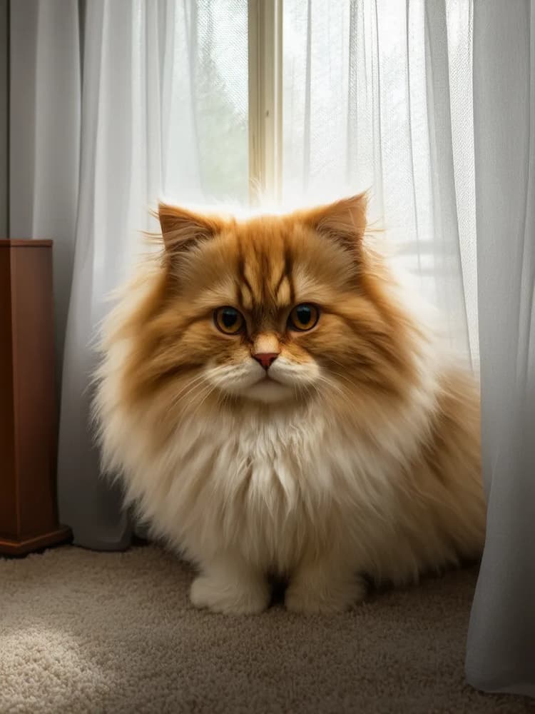 A fluffy, orange Ragamuffin cat with large eyes sits on a carpeted floor in front of a window with sheer curtains.