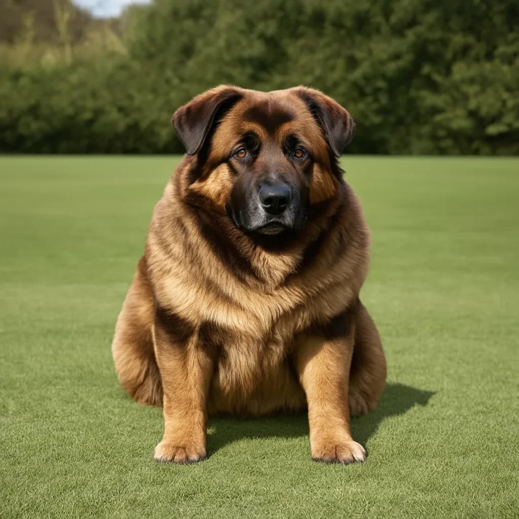 A large Caucasian Shepherd with a thick brown and black coat sits on a grassy field, trees providing a serene backdrop.