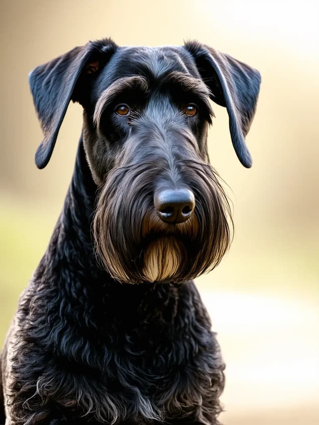 A black-and-gray Giant Schnauzer with a wiry beard and eyebrows looks directly at the camera. The background is softly blurred.