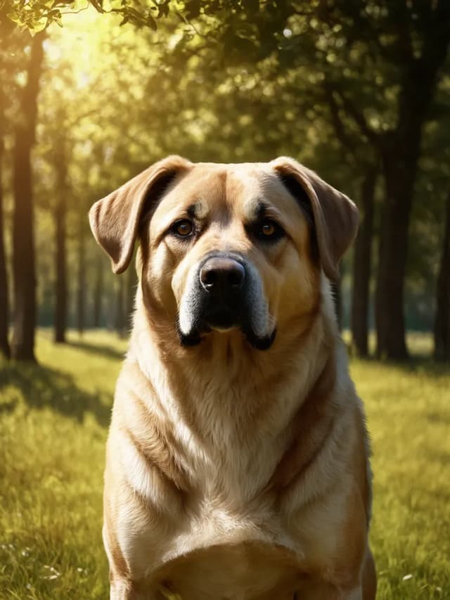 A large, tan Central Asian Shepherd sits on green grass in a sunlit forest, looking directly at the camera.