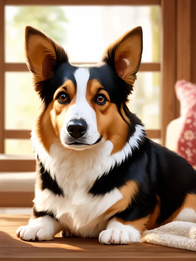 A tricolor Cardigan Welsh Corgi with large ears and expressive eyes lies on a wooden floor in a sunlit room near a window.