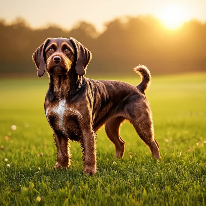 A Wirehaired Pointing Griffon with a white chest stands on a green field during sunset.