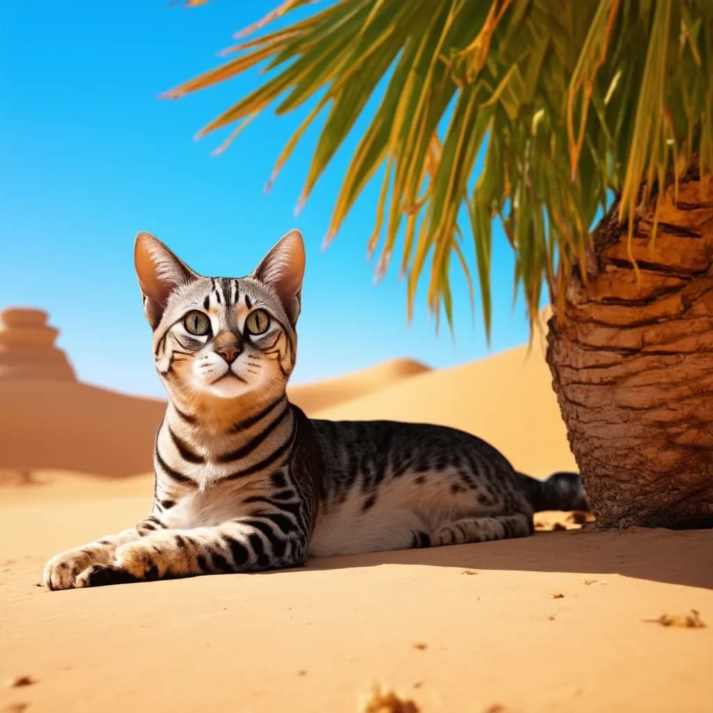 An Egyptian Mau lies on desert sand under the shade of a palm tree, with sand dunes visible in the background.