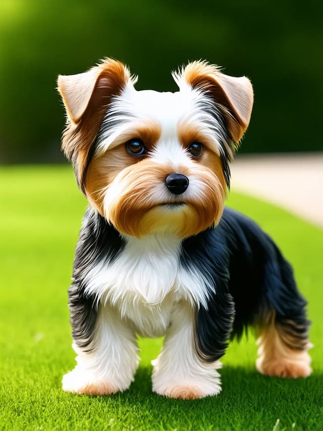 A small Biewer Terrier with black, white, and tan fur stands on a green grass lawn. The long-haired dog has large ears, a short snout, and is looking slightly to the side.