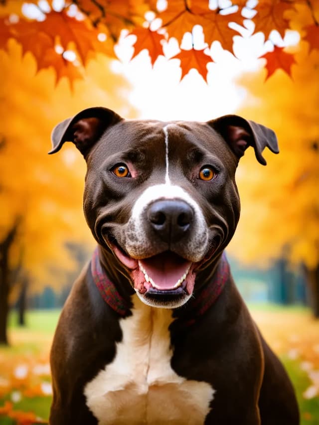 A black and white Pitt Bull Terrier with a happy expression sits in a park surrounded by autumn leaves and trees with vibrant orange foliage.