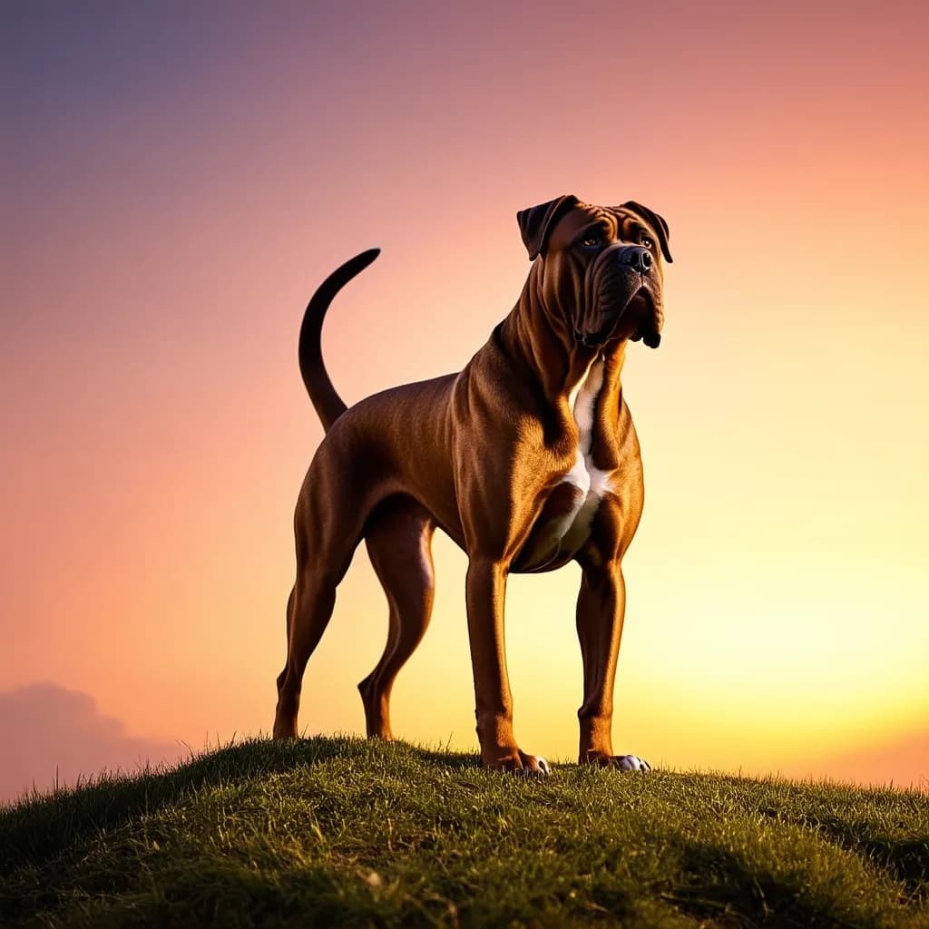 A brown Perro De Presa Canario with a white chest stands on a grassy hill at sunset, with the sky glowing in warm hues of orange and pink.