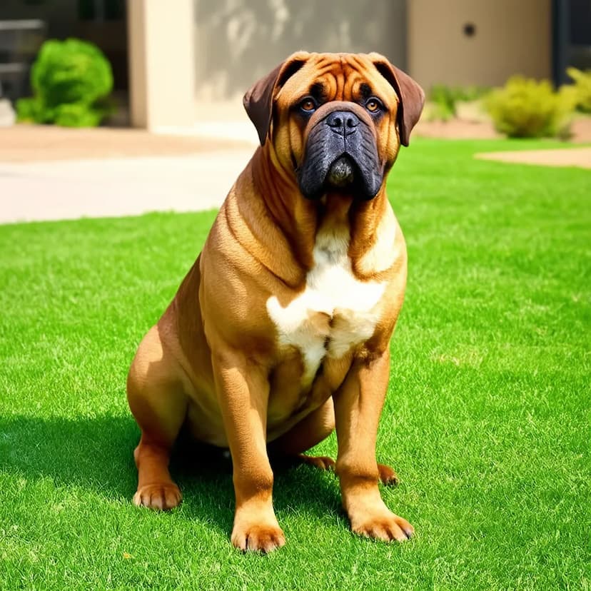 A large brown Bullmastiff with a white patch on its chest sits on green grass in a backyard.