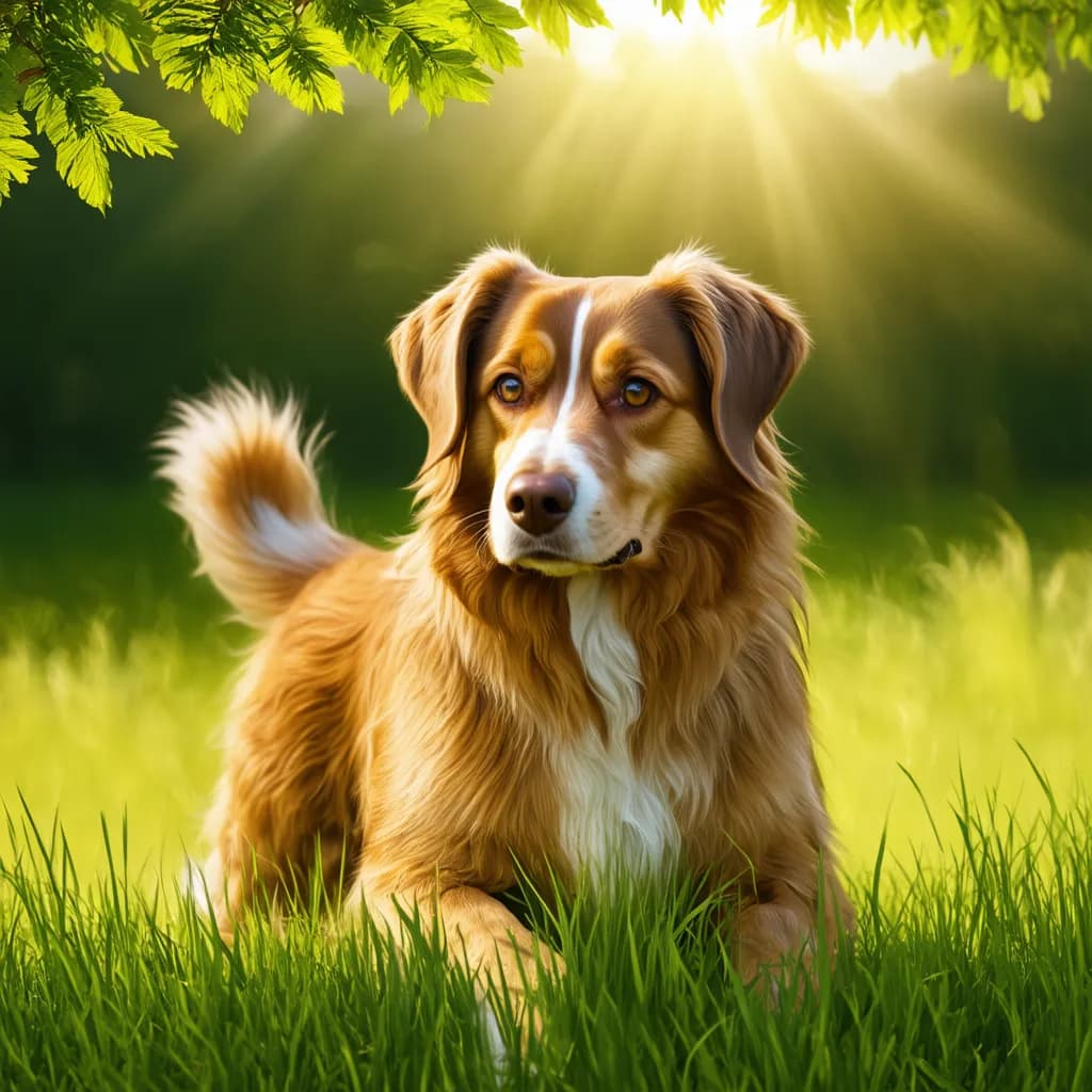 A brown and white dog lies on the green grass under the sunlight with green leaves overhead, enjoying a peaceful Carolina afternoon.