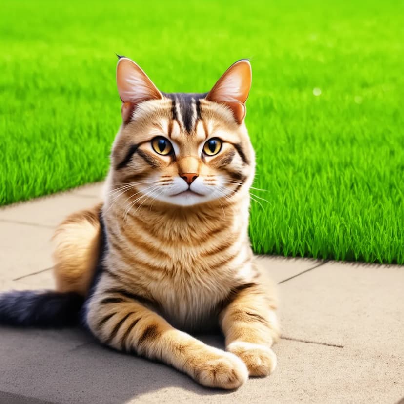 A tabby American Bobtail with stripes lies on a paved surface next to a green grassy area, looking directly at the camera.