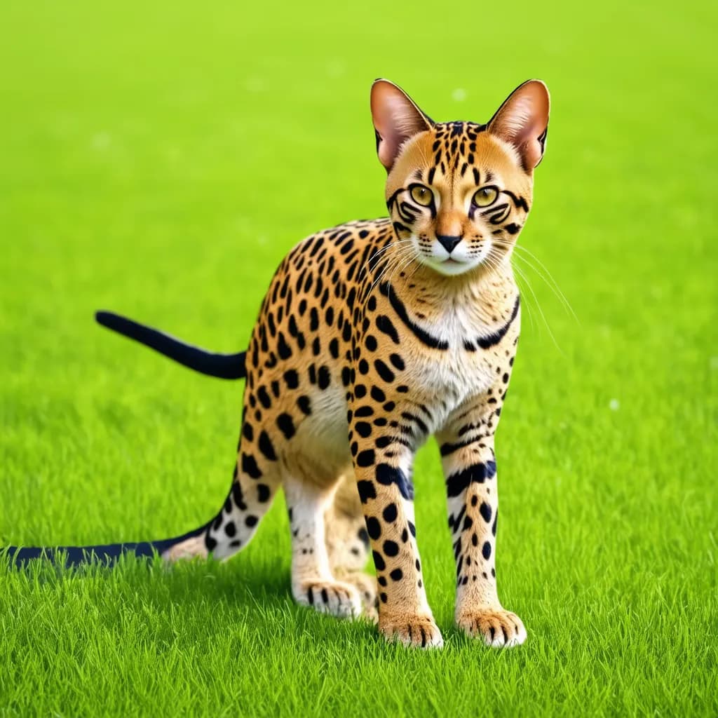 A spotted Savannah cat with large ears and green eyes stands on a vibrant green grass field, looking directly at the camera.