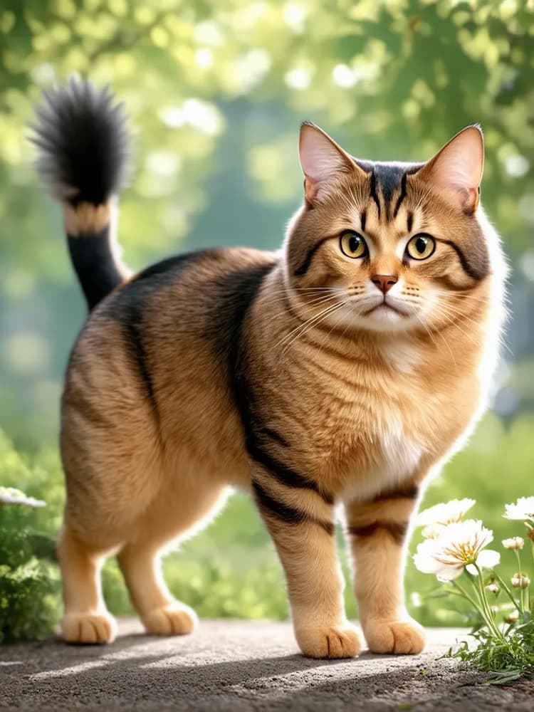 An American Bobtail, with brown and black stripes, stands on a stone path surrounded by green foliage and white flowers in a garden setting.