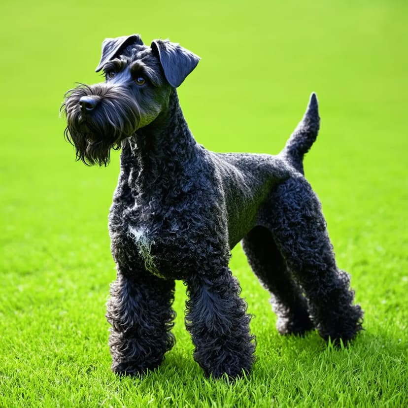 A black Schnauzer with neatly trimmed fur stands on a bright green grass field, looking into the distance, resembling a Kerry Blue Terrier in its poised stance.