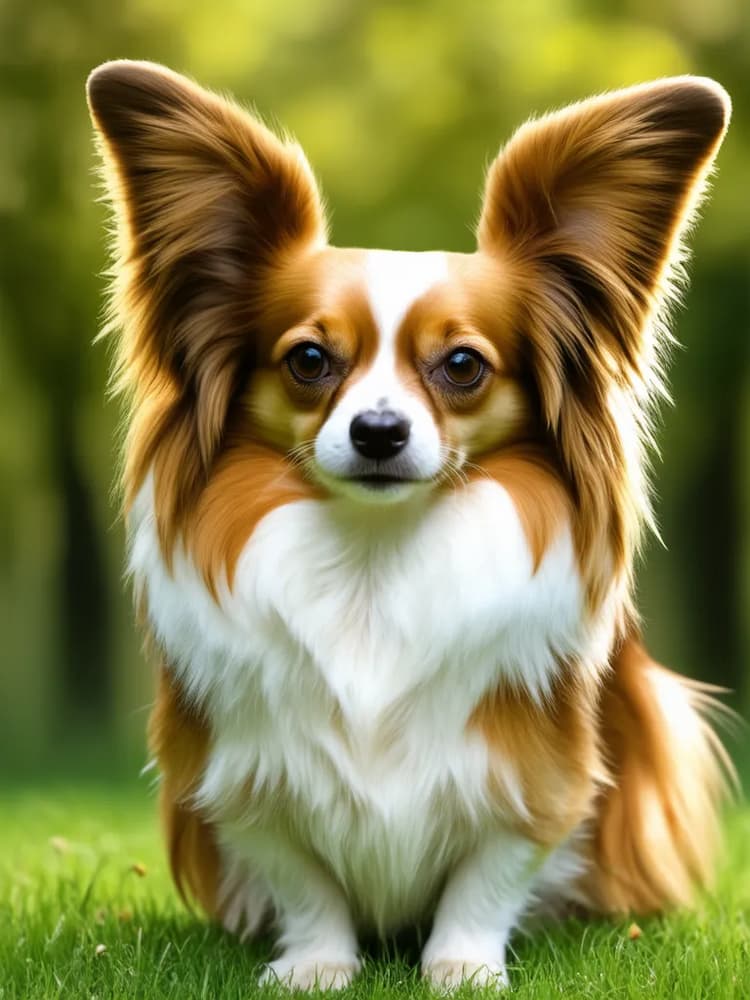 A Papillon dog with large ears and long fur sits on grass, looking directly at the camera, with a beautifully blurred nature background.