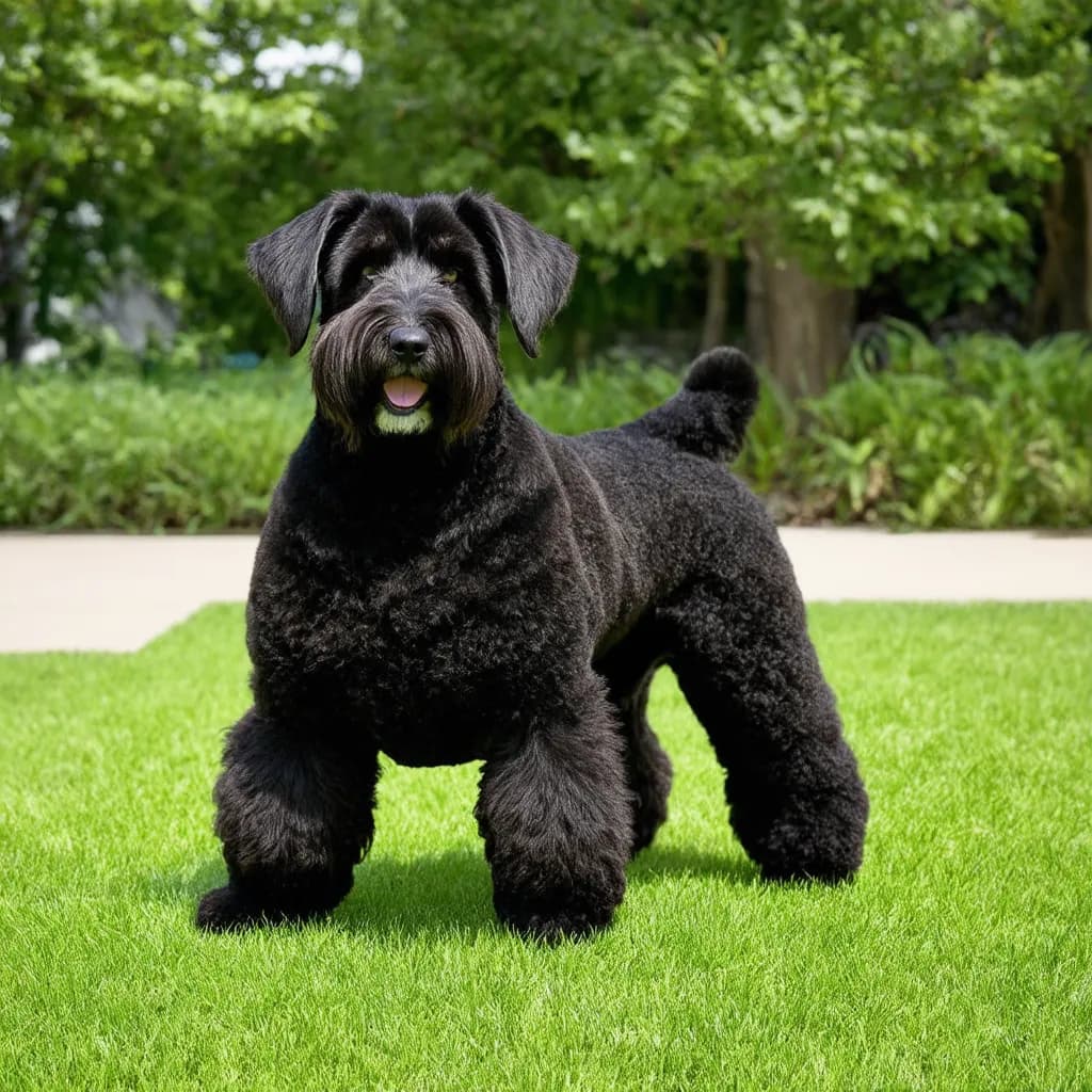 A Black Russian Terrier with a trimmed coat and a bushy beard stands proudly on the grass, surrounded by trees in a serene park setting.