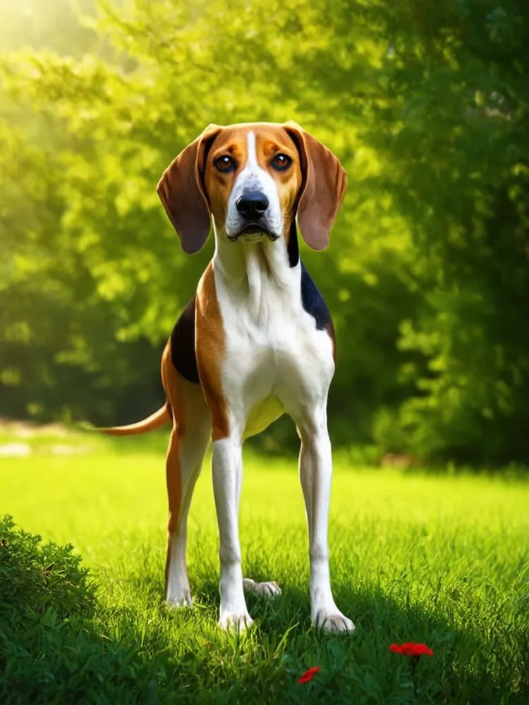 A tri-colored Treeing Walker Coonhound with long ears stands alertly on green grass with a background of lush foliage.