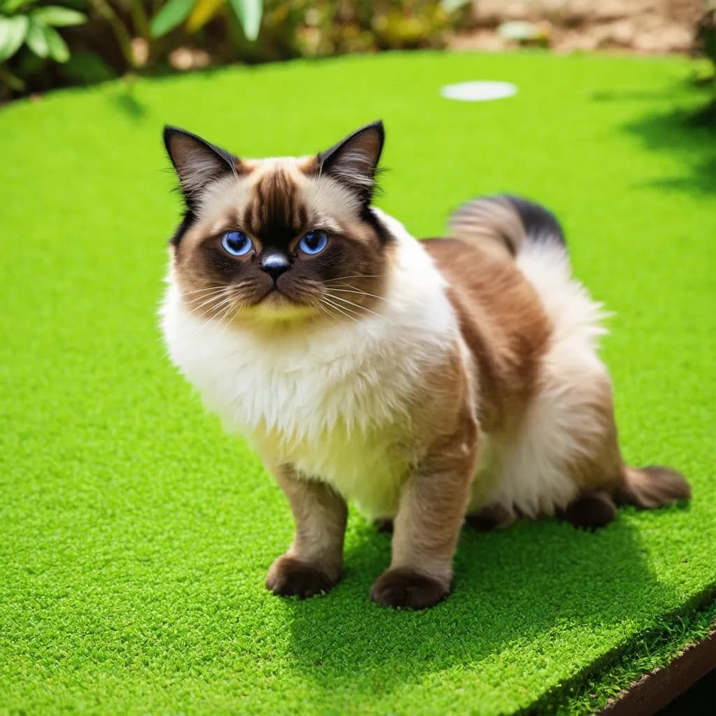 A fluffy Balinese cat with blue eyes and a cream and brown coat sits on bright green artificial turf.