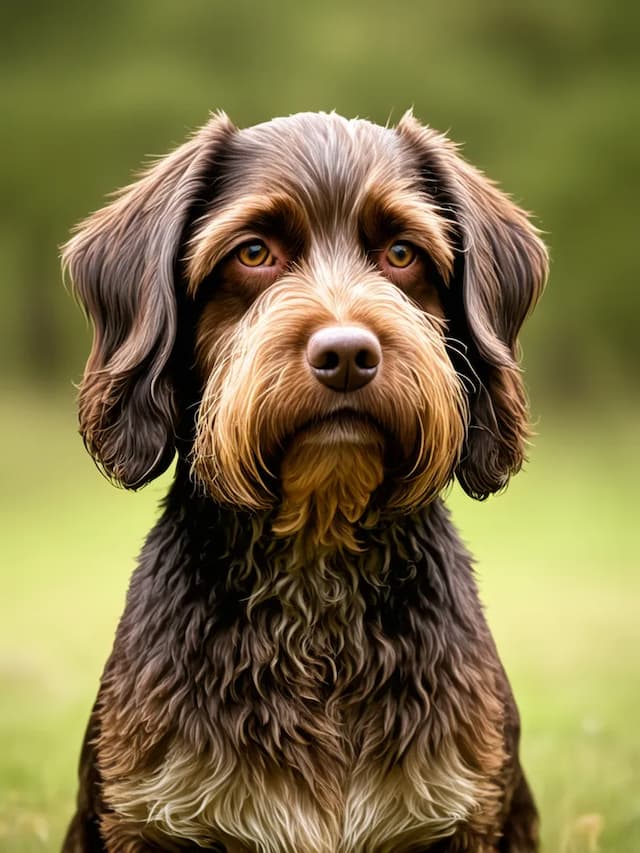 Close-up of a Wirehaired Pointing Griffon with medium-length, slightly curly fur, looking directly at the camera. The background is blurred greenery.